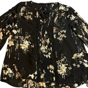 White House Black Market Pleated Tie Front Blouse in Black and Cream